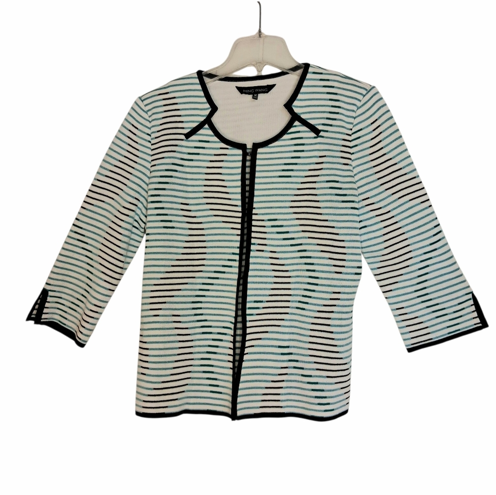 Ming Wang Heritage Fit Cardigan Sweater Sz Medium White, Black Turquoise Stripe